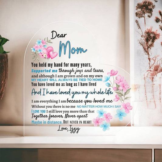 "Dear Mom" Acrylic Heart Plaque – A Timeless Tribute to Mother's Love - SpokenWordGifts