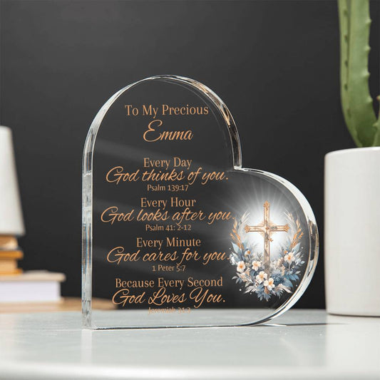 Personalized Floral Cross Acrylic Heart Plaque - A Testament of God's Love - SpokenWordGifts