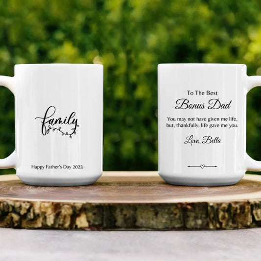 ✍️ PERSONALIZED To The Best Bonus Dad | Family | Father's Day - 15 oz mug - SpokenWordGifts