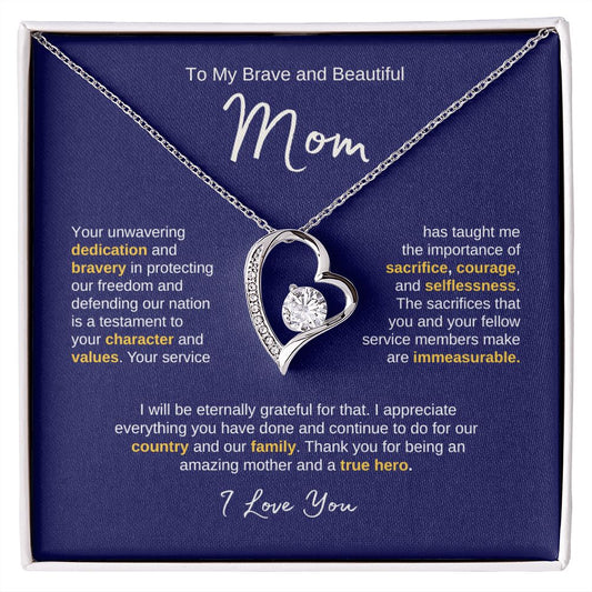 To My Brave and Beautiful Mom | NAVY | Thank You for Being an Amazing Mother and True Hero - Forever Love Necklace - SpokenWordGifts