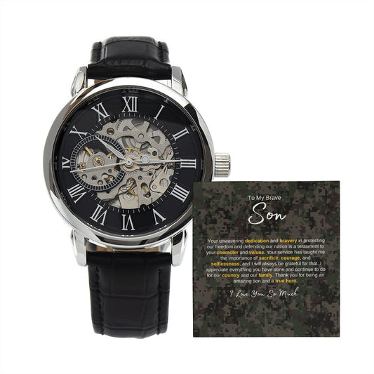 To My Brave Son | Thank You for Being an Amazing Son and a True Hero - Men's Openwork Watch - SpokenWordGifts