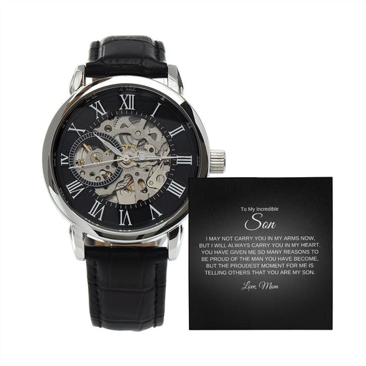 To My Incredible Son | From MOM | I May Not Carry You in My Arms But I Will Always Carry You In My Heart - Men's Openwork Watch - SpokenWordGifts