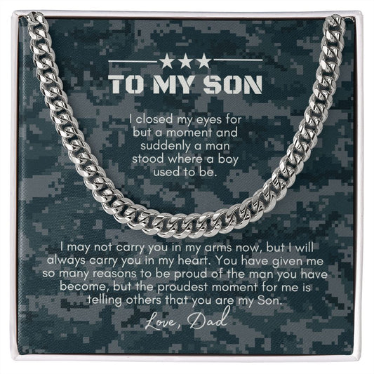 To My Son | Dad | I Closed My Eyes - Blue Camo 1 - Cuban Link Chain - SpokenWordGifts